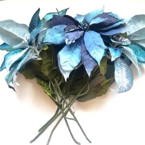 Blue and Silver Faux Floral Poinsettia Accents with Shimmering Textures